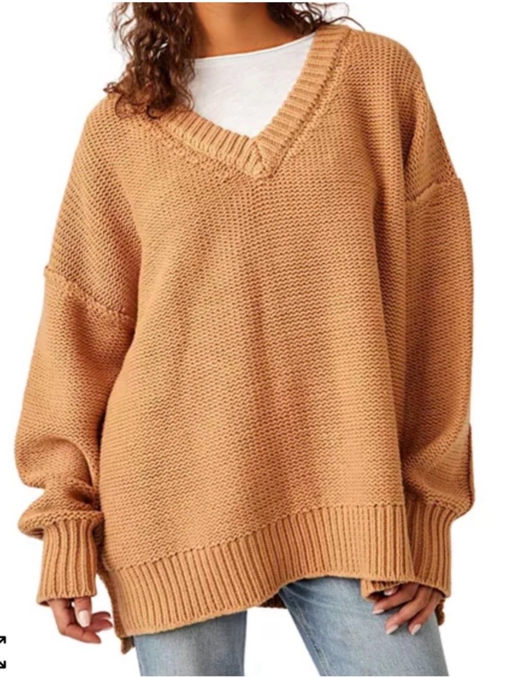 Free People Alli Cotton-Blend Oversized V-Neck Sweater Medium tan camel knit